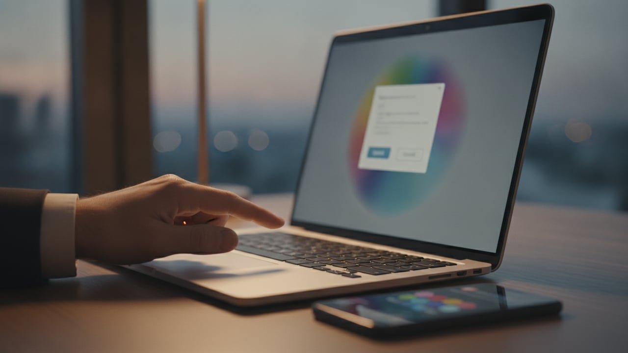 Hand about to confirm an approval prompt on a laptop before an automated action runs