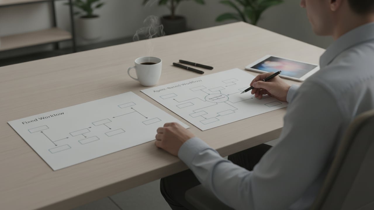 Person comparing a simple straight flowchart with a branching one on two printed sheets