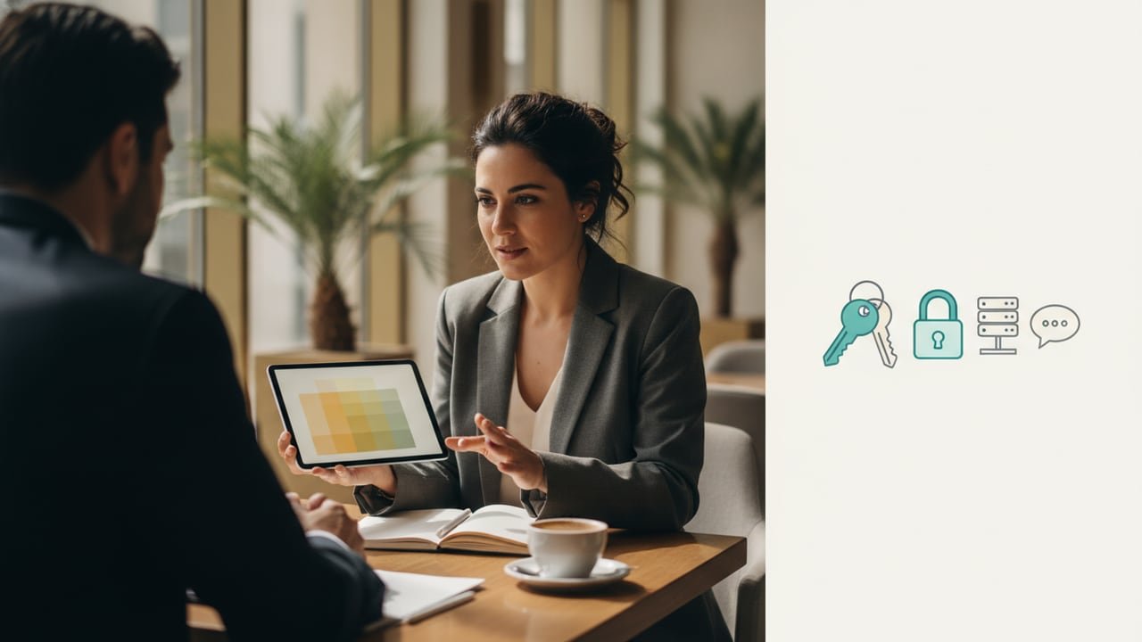 Illustration of keys, a padlock, a server and a chat bubble representing account ownership and data control