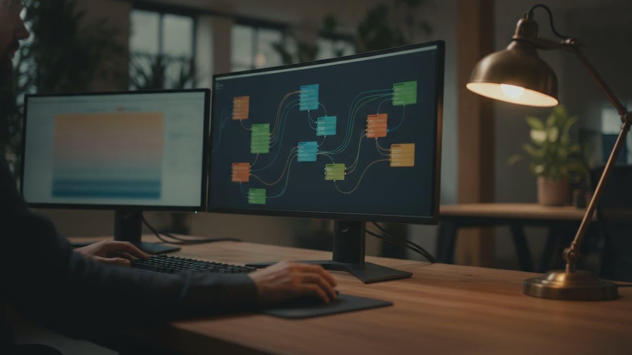 Developer reviewing a node-based automation workflow on a monitor