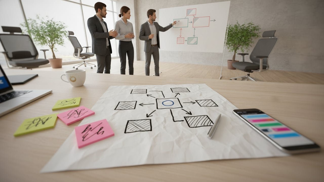Hand-drawn process map on a desk next to a phone showing a chat, used to plan one process to automate