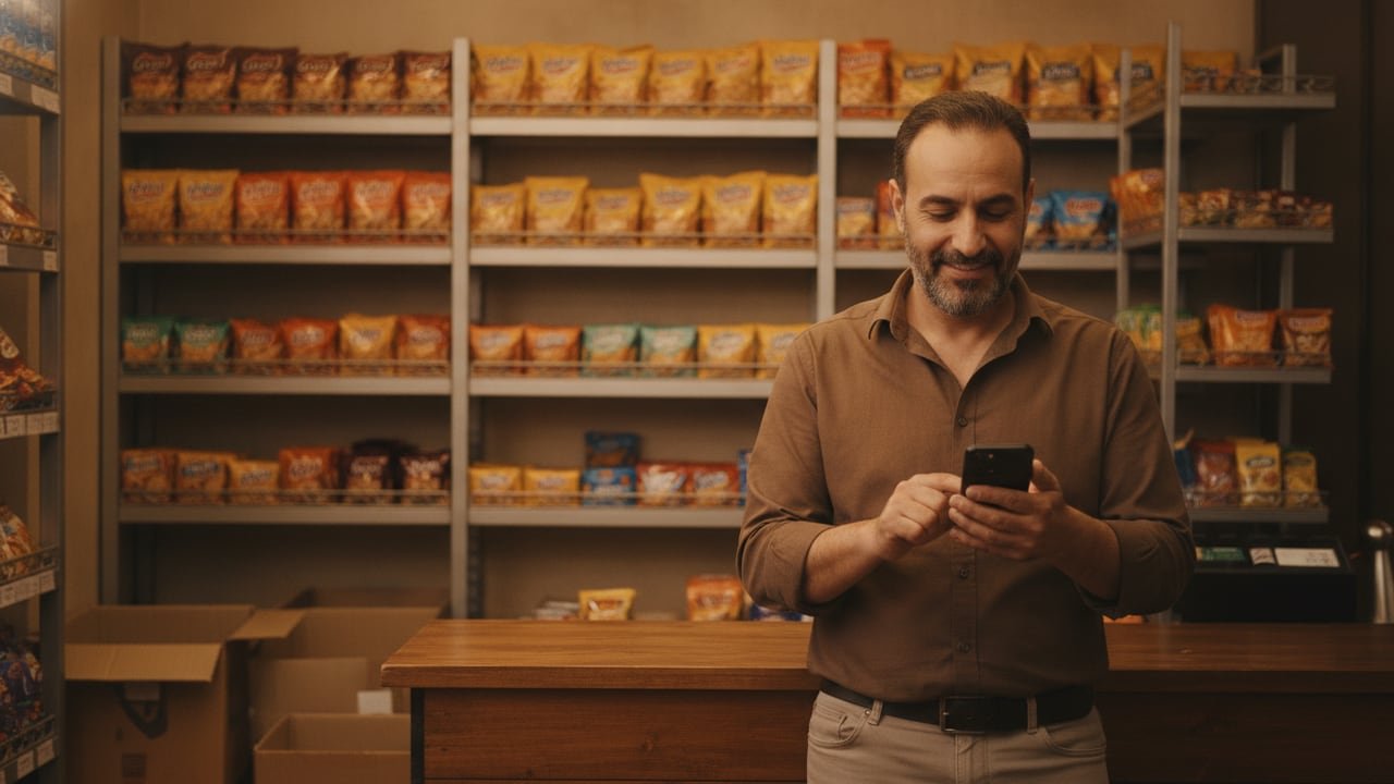 Shop owner typing a reorder on his phone in front of a half-empty shelf